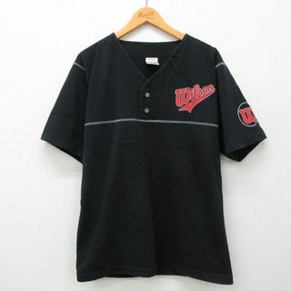 ウィルソン(wilson)のXL★古着 ウィルソン 半袖 ビンテージ Tシャツ メンズ 00年代 00s ワンポイントロゴ コットン ヘンリーネック 黒 ブラック 24apr24 中古(Tシャツ/カットソー(半袖/袖なし))