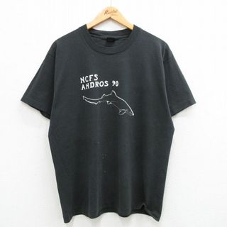 スクリーンスターズ(SCREEN STARS)のL★古着 スクリーンスターズ 半袖 ビンテージ Tシャツ メンズ 80年代 80s サメ クルーネック USA製 黒 ブラック 24apr24 中古(Tシャツ/カットソー(半袖/袖なし))