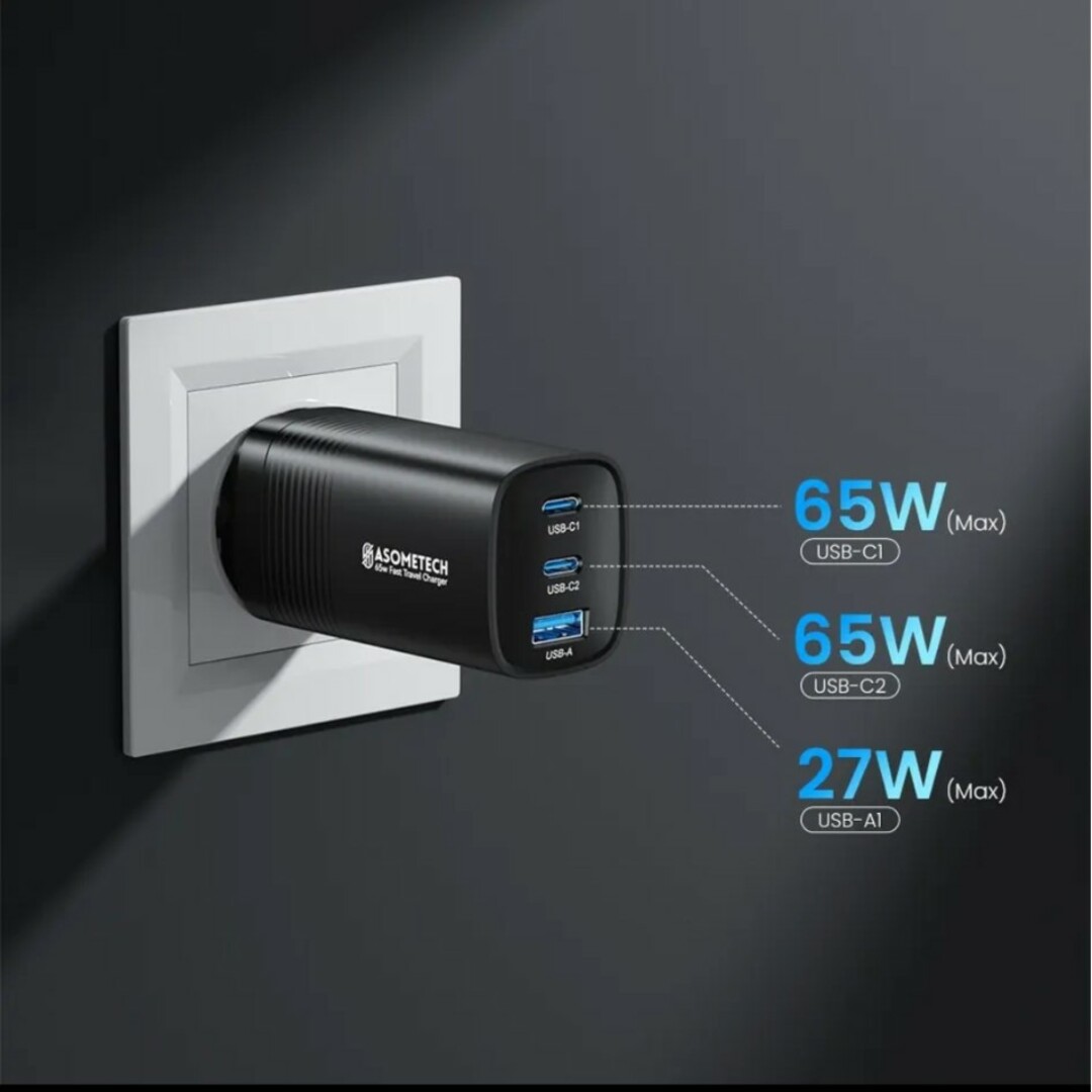 窒化ガリウムUSB急速充電器 65W GaN USB-C スマホ/家電/カメラのPC/タブレット(PC周辺機器)の商品写真