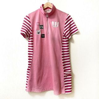 M・U・ SPORTS(ミエコウエサコ) ワンピース サイズ42 L レディース - ピンク×白×マルチ ハイネック/半袖/ひざ丈/ボーダー/スパンコール/ジップアップ(その他)