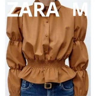 ザラ(ZARA)の最終値下げZARA ブラウス ペプラム ビジューボタン ブラウンベージュ M(シャツ/ブラウス(長袖/七分))