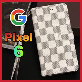 Google Pixel 6ケース 手帳型　白色　チェック柄 PUレザー 高級感(Androidケース)