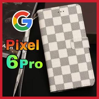 Google Pixel 6Proケース 手帳型　白色　チェック柄 PUレザー(Androidケース)