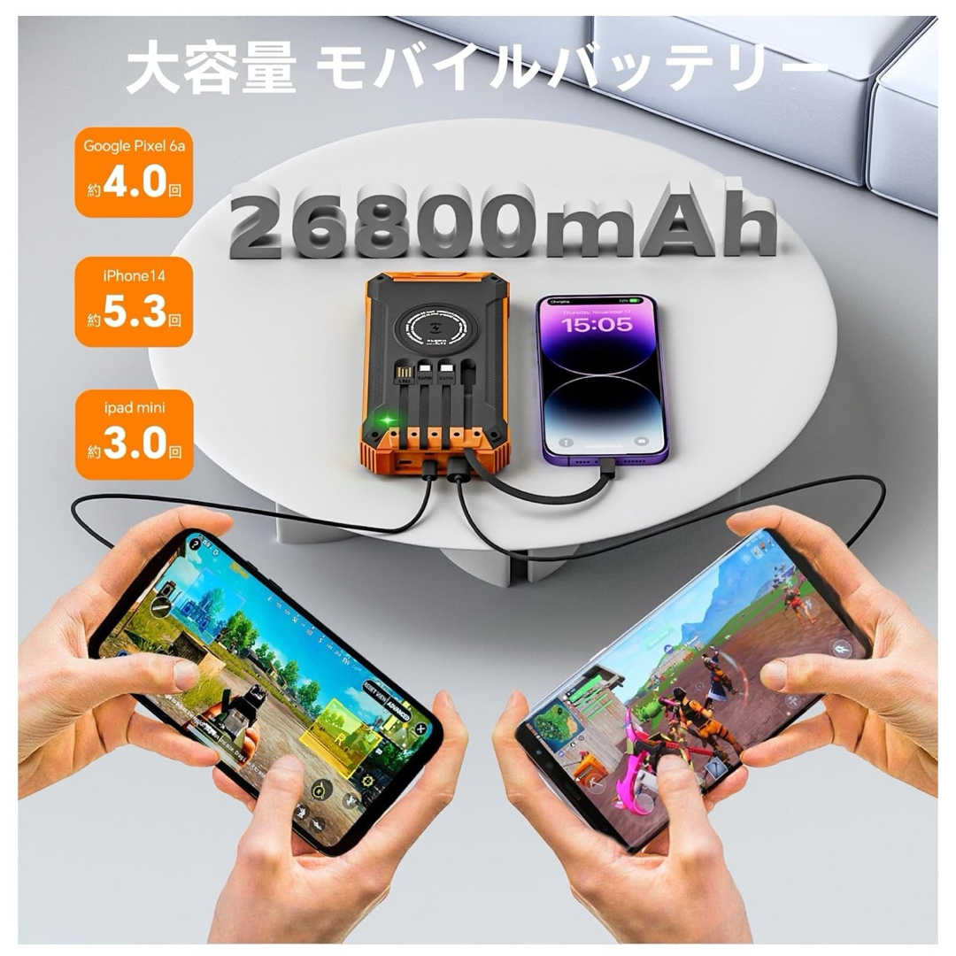 モバイルバッテリー ソーラー 大容量 26800mAh 3.0A急速充電 スマホ/家電/カメラのスマートフォン/携帯電話(バッテリー/充電器)の商品写真