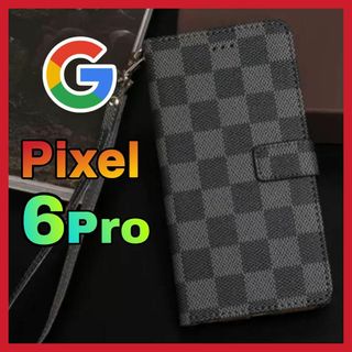 Google Pixel 6Proケース 手帳型　黒色　チェック柄 PUレザー(Androidケース)