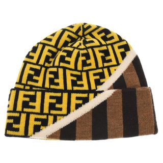 フェンディ(FENDI)のFENDI フェンディ デザイン切替 ズッカ柄 ストライプ ニットキャップ ビーニー 帽子 ブラウン/イエロー FXQ056(ニット帽/ビーニー)