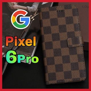 Google Pixel 6Proケース 手帳型　茶色　チェック柄 PUレザー(Androidケース)