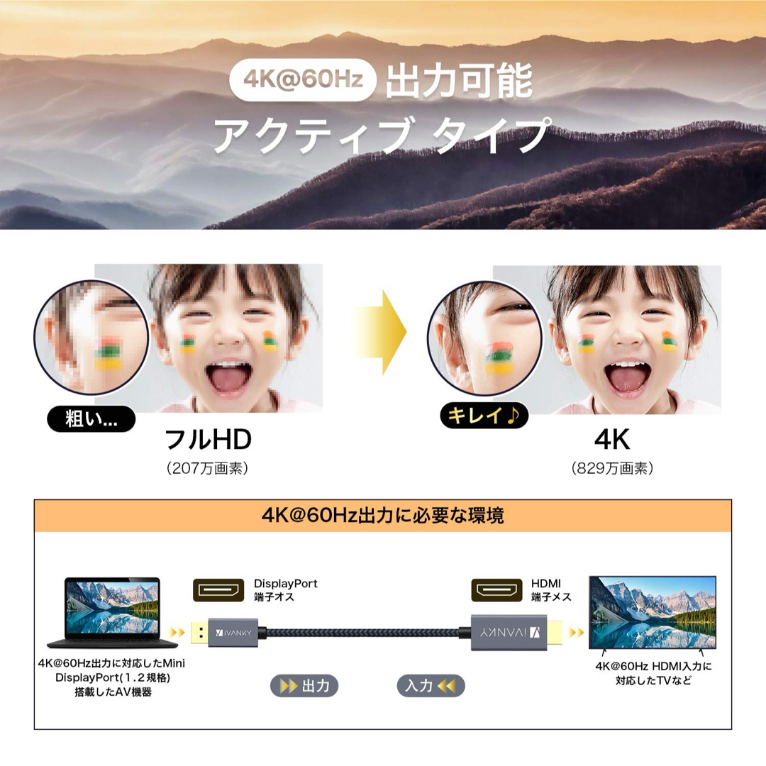 DisplayPort ケーブル 4K@60Hz DP-HDMI 2.0m スマホ/家電/カメラのPC/タブレット(その他)の商品写真