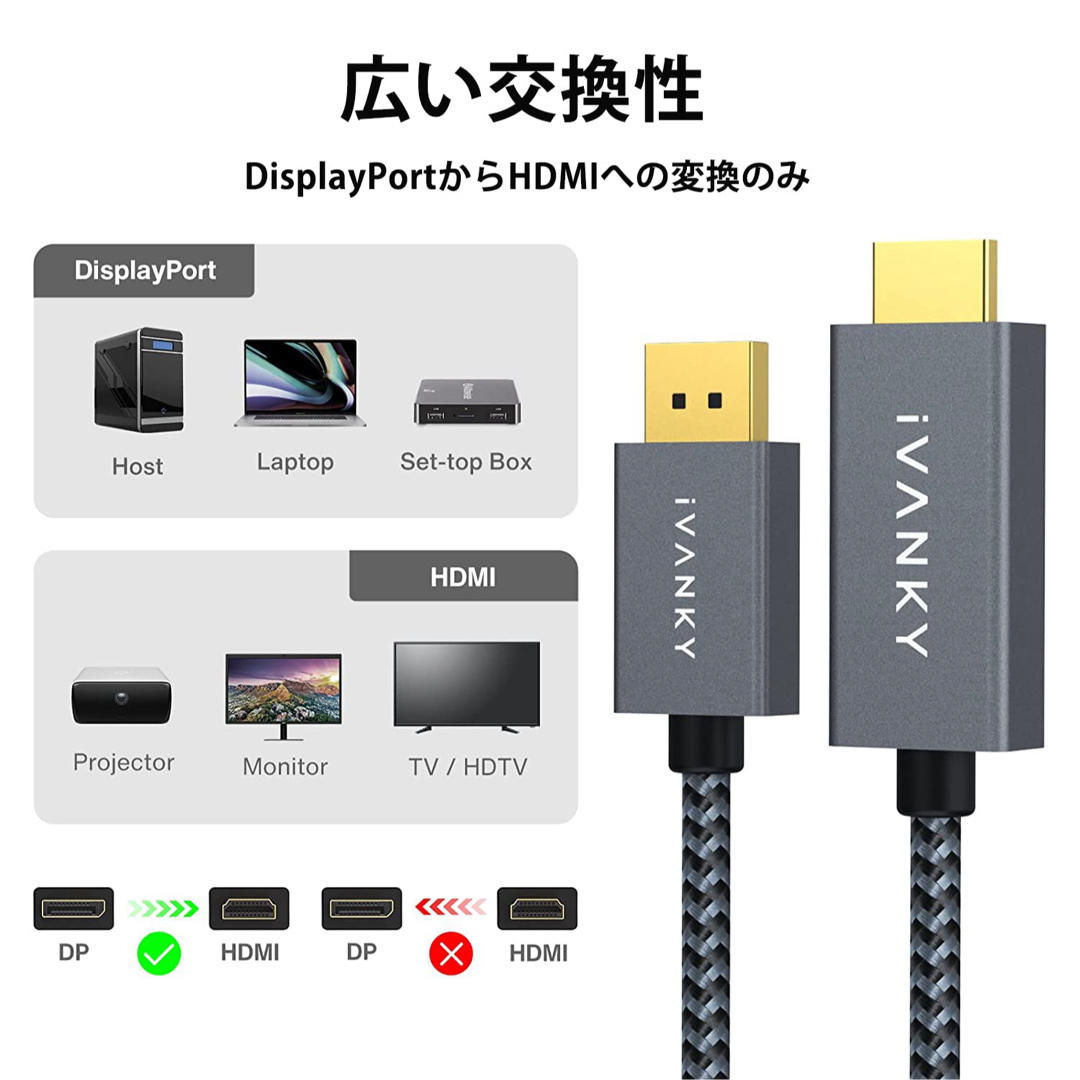 DisplayPort ケーブル 4K@60Hz DP-HDMI 2.0m スマホ/家電/カメラのPC/タブレット(その他)の商品写真