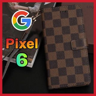 Google Pixel 6ケース 手帳型　茶色　チェック柄 PUレザー 高級感(Androidケース)