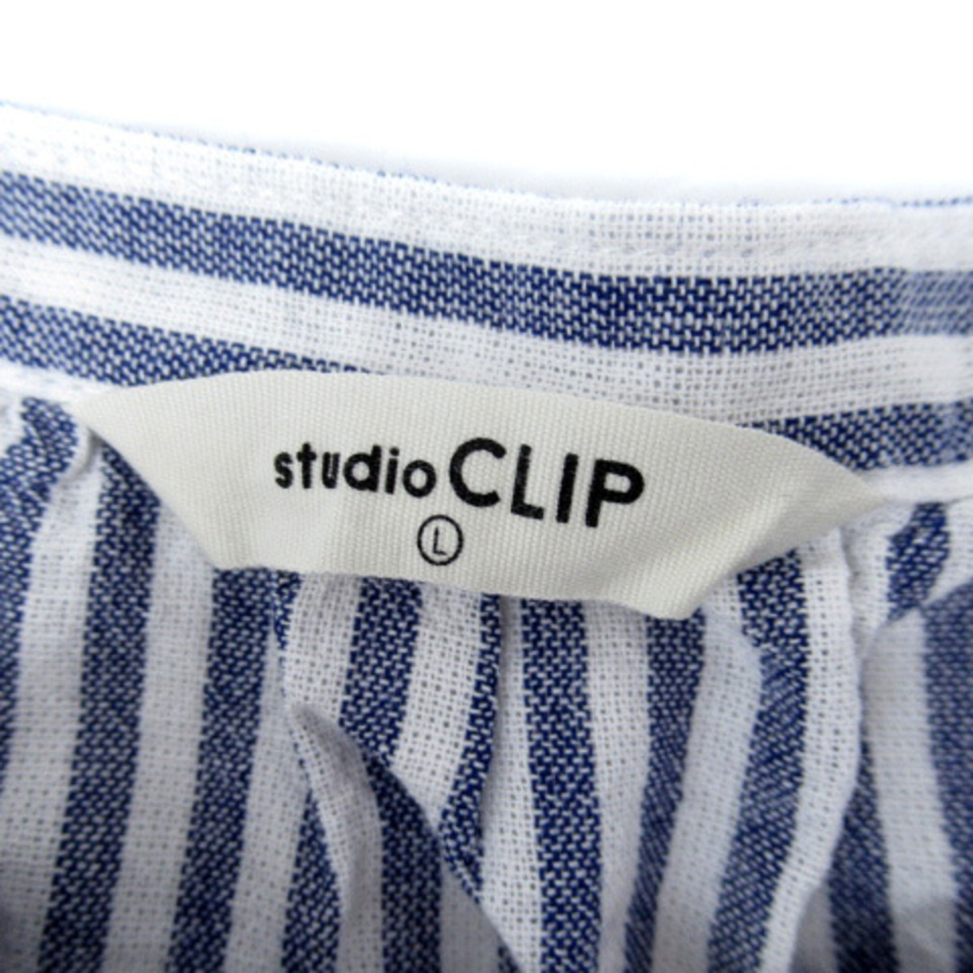 STUDIO CLIP(スタディオクリップ)のスタディオクリップ シャツ ブラウス 半袖 バンドカラー ストライプ柄 L 青 レディースのトップス(シャツ/ブラウス(半袖/袖なし))の商品写真
