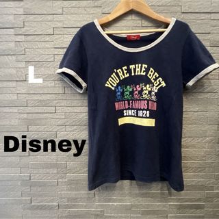 ディズニー(Disney)のDisney ディズニー ミッキー 半袖 Tシャツ 虹色 Lサイズ ネイビー　紺(Tシャツ(半袖/袖なし))