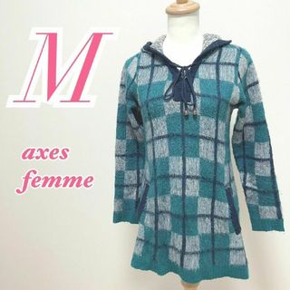 アクシーズファム(axes femme)のアクシーズファム　長袖トップス　M　グリーン　チェック　フード　アクリル100%(ニット/セーター)