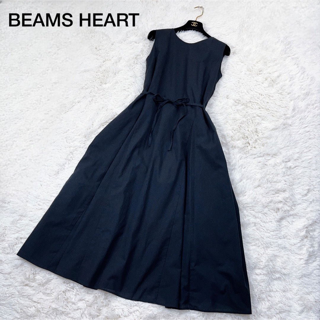 BEAMS(ビームス)のBEAMS HEART フレア ロングワンピース マキシ丈 リネン 黒 2way レディースのワンピース(ロングワンピース/マキシワンピース)の商品写真