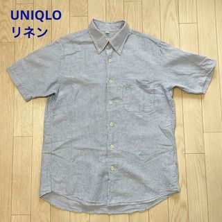 ユニクロ(UNIQLO)のUNIQLO リネン 半袖シャツ 青ストライプ ボタンダウン Mサイズ(シャツ)