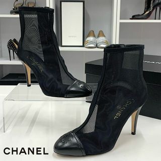 シャネル(CHANEL)の9439 シャネル メッシュ レザー ココマーク ショートブーツ ブラック(ブーツ)