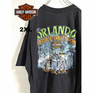 Harley Davidson - 古着 ハーレーダビッドソン オーランド 2XL 黒 グッドデザイン 背面プリント