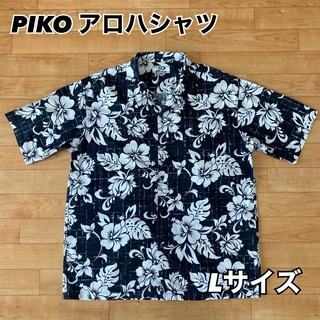ピコ(PIKO)のPIKO アロハシャツ　ハイビスカス　メンズ　Lサイズ　黒　古着(シャツ)