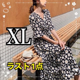 2点セット　花柄ワンピース　黒　XL + 訳あり　花柄ワンピース　黄色　XL(ロングワンピース/マキシワンピース)