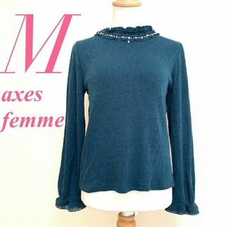 アクシーズファム(axes femme)のアクシーズファム　長袖ニット　M　ブルー　フリル　レース　ポリ　レーヨン(ニット/セーター)