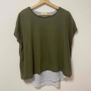 earth music & ecology - 【earth】 カットソー 半袖Tシャツ 重ね着風ブラウス　カーキ　ストライプ