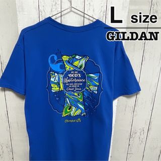 ギルタン(GILDAN)のUSA古着　GILDAN　Tシャツ　L　ブルー　プリント　ロゴ　孔雀　コットン(Tシャツ/カットソー(半袖/袖なし))