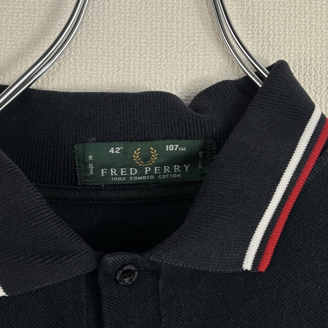 FRED PERRY(フレッドペリー)のビンテージ　フレッドペリー　ポロシャツ　半袖　M12 黒白赤　42  XL 古着 メンズのトップス(ポロシャツ)の商品写真
