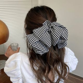 バレッタ　韓国　シフォン リボン 白 黒 ヘアクリップ チェック 大きめ　