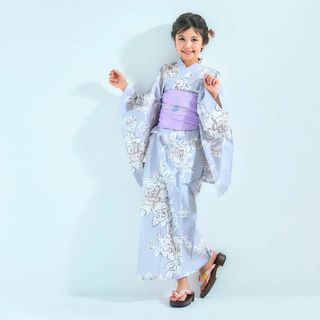 【2点セット】キッズ 子供 浴衣 ゆかた しわへこ 帯とセット ラベンダー(甚平/浴衣)