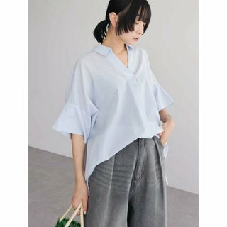 グリーンパークス(green parks)の【アイスブルー】綿麻混スキッパーシャツ 24SS/半袖/レディース/体型カバー(シャツ/ブラウス(長袖/七分))