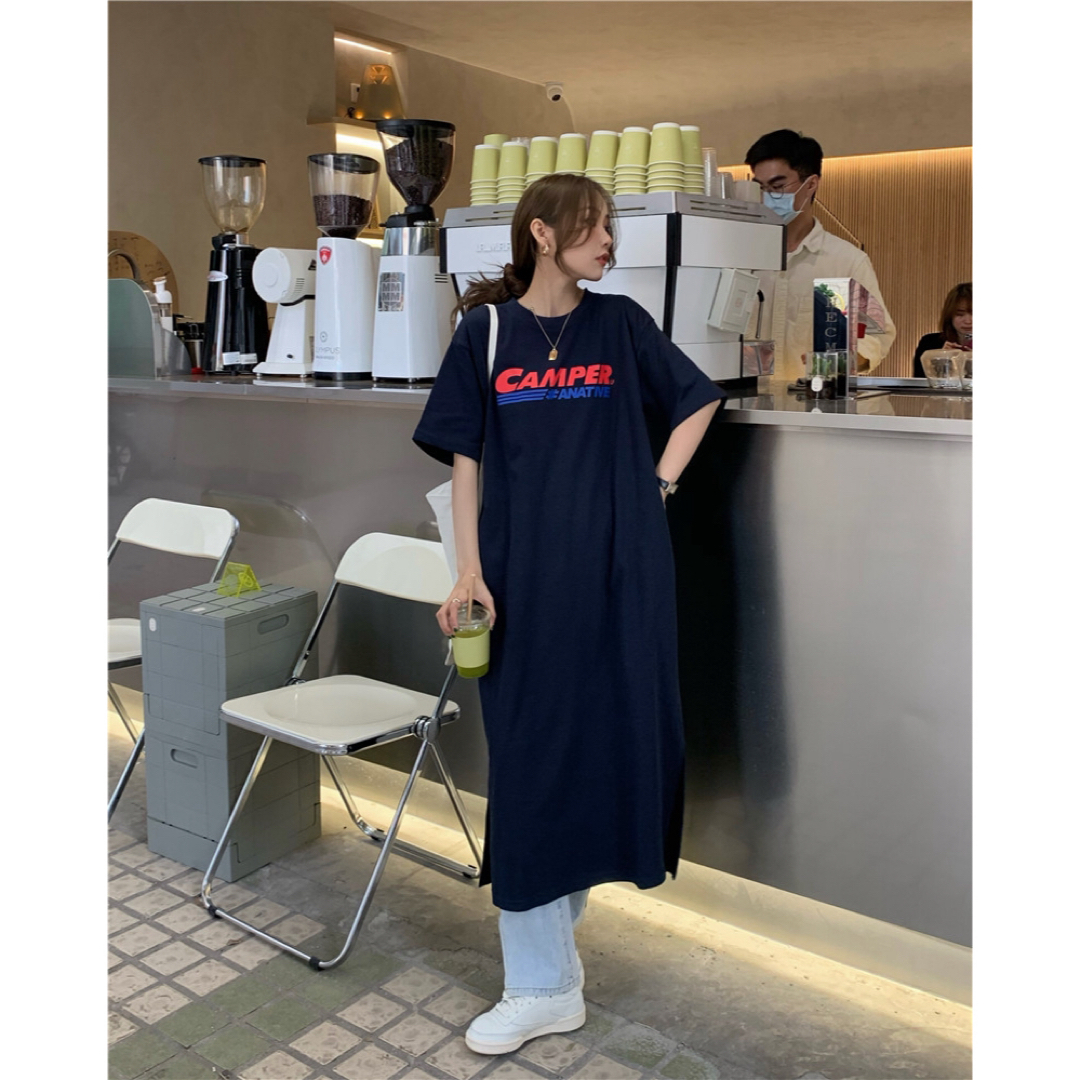 ワンピースチュニック/Tシャツロング丈/ネイビー レディースのワンピース(ロングワンピース/マキシワンピース)の商品写真