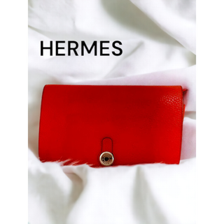 エルメス(Hermes)のHERMES エルメス ドゴンGM レッド トゴ レザー 二つ折り長財布(財布)