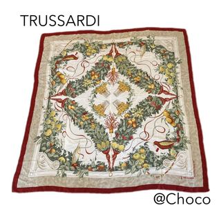 TRUSSARDI トラサルディ シルクスカーフ ロゴ 鳥 果実