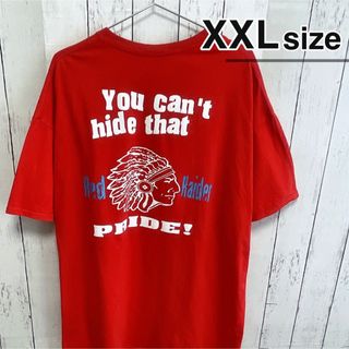 USA古着　Tシャツ　XXL　レッド　赤　インディアン　プリント　スクールロゴ(Tシャツ/カットソー(半袖/袖なし))