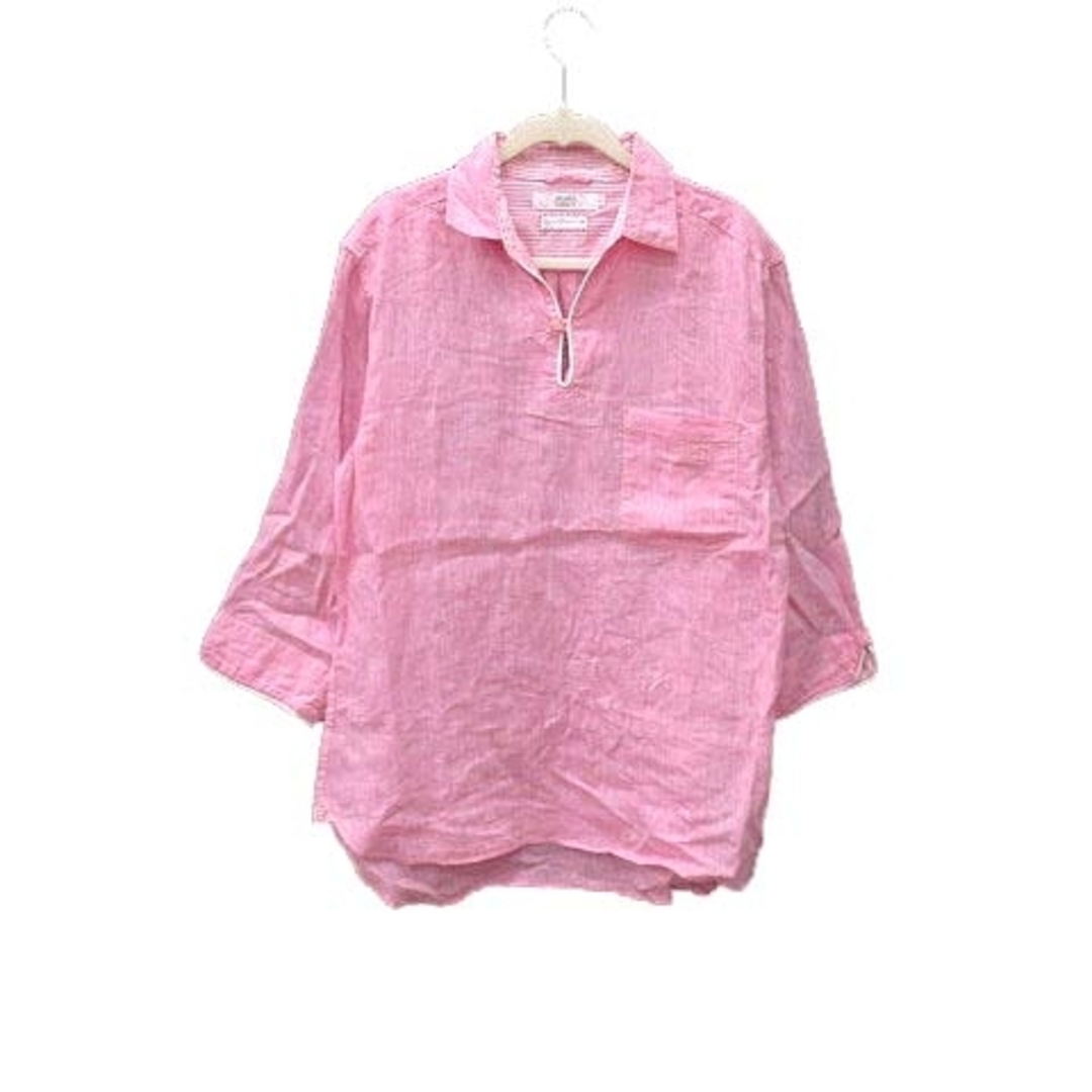 ビームスライツ シャツ スキッパーカラー 七分袖 麻 リネン L ピンク ■MO メンズのトップス(シャツ)の商品写真