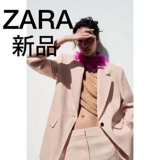 ザラ(ZARA)の【新品】ZARA リネン100% ストレートカットブレザー　ピンクベージュ(テーラードジャケット)