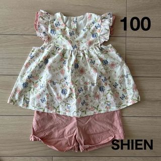 シーイン(SHEIN)の【中古】100cm SHIENセットアップ 花柄 ピンク(Tシャツ/カットソー)