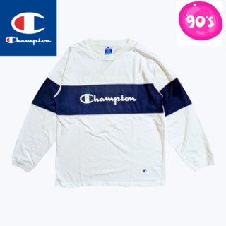 チャンピオン(Champion)の90s CHAMPION ホワイト ロゴ 長袖Tシャツ(Tシャツ/カットソー(七分/長袖))