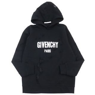 ジバンシィ(GIVENCHY)の美品○GIVENCHY ジバンシィ BM703A3YOS コットン100% ロゴプリント デストロイ加工 プルオーバー パーカー/フーディー ブラック XS 正規品 メンズ(パーカー)