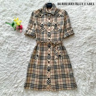 バーバリーブルーレーベル(BURBERRY BLUE LABEL)の【美品】バーバリーブルーレーベル ワンピース ノバチェック ベルト ベージュ M(ひざ丈ワンピース)