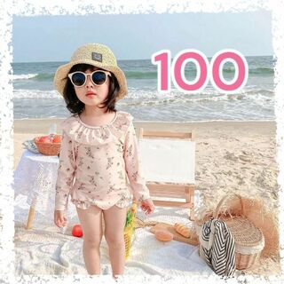 【新品】子供用 長袖 フリル 水着 帽子付き UVカット ピンク 花柄 100(水着)