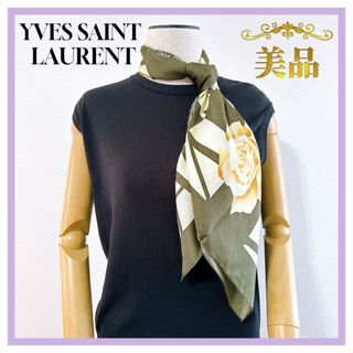 イヴサンローラン(Yves Saint Laurent)のイヴ　サンローラン　ローズ　シルク　スカーフ　ヴィンテージ　絹　モスグリーン(バンダナ/スカーフ)