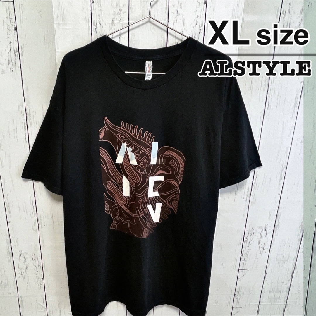 TV&MOVIE(ティービーアンドムービー)のAlstyle　Tシャツ　XL　ブラック　ムービー　エイリアン　ロゴ　USA古着 メンズのトップス(Tシャツ/カットソー(半袖/袖なし))の商品写真