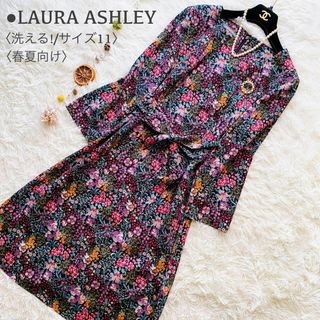 ローラアシュレイ(LAURA ASHLEY)の新品同様 ローラアシュレイ 春夏向け 洗える カラフル お花畑 フレアワンピース(ひざ丈ワンピース)