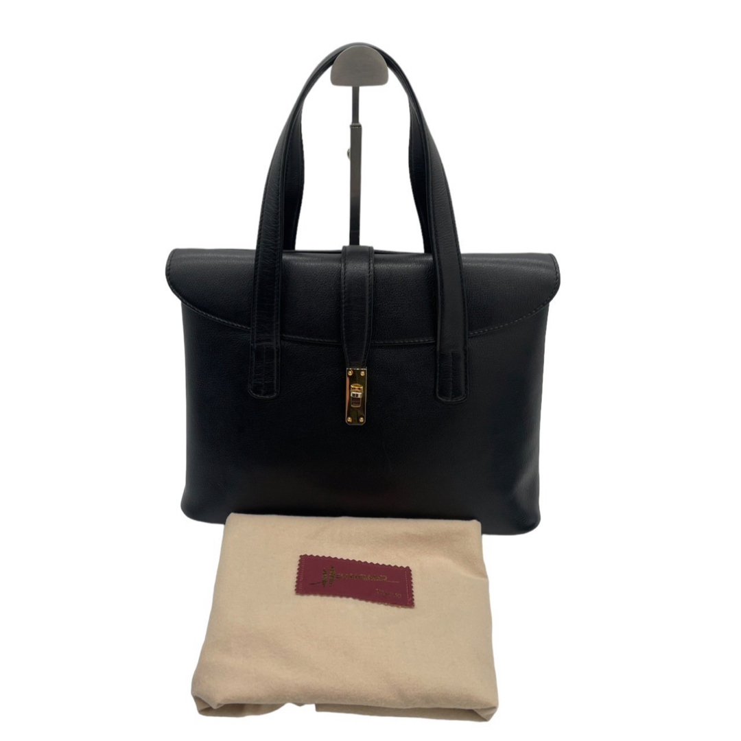 濱野皮革工藝/HAMANO(ハマノヒカクコウゲイ)のハマノHAMANO レザーハンドバッグ 金具 保存袋付き 黒ブラック レディースのバッグ(トートバッグ)の商品写真