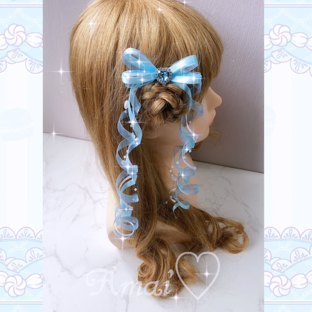 ハートビジュー♡ハートパールガーランド♡カールリボン♡水色/3色/量産型/ヘアメ レディースのヘアアクセサリー(ヘアピン)の商品写真