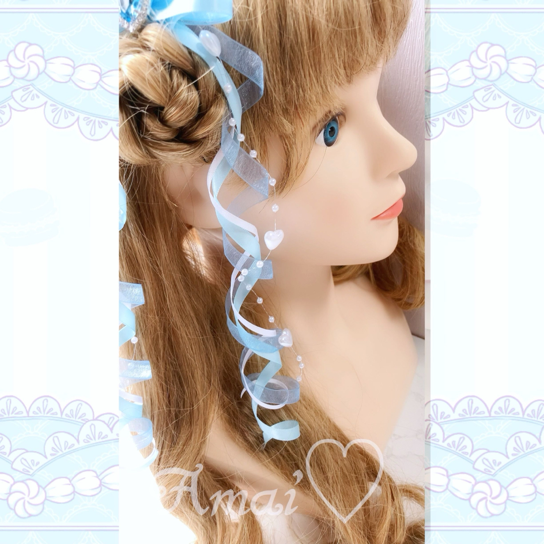 ハートビジュー♡ハートパールガーランド♡カールリボン♡水色/3色/量産型/ヘアメ レディースのヘアアクセサリー(ヘアピン)の商品写真