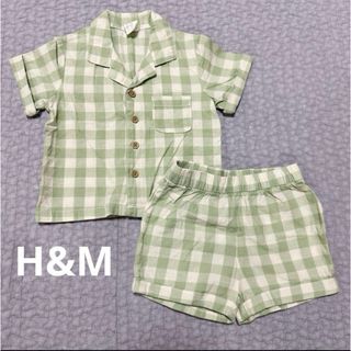 エイチアンドエム(H&M)のH&M   半袖開襟シャツ＆ショートパンツ　セットアップ　チェックグリーン　6m(シャツ/カットソー)