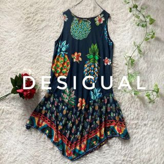 デシグアル(DESIGUAL)のデシグアル　ノースリーブワンピース　リゾート　レーヨン　インド製　パイナップル(ひざ丈ワンピース)