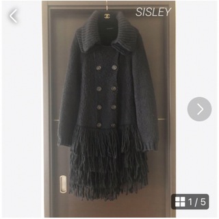 シスレー(Sisley)のSISLEYシスレー✨ロングフリンジコート　黒　ニット　イタリア製(ニットコート)